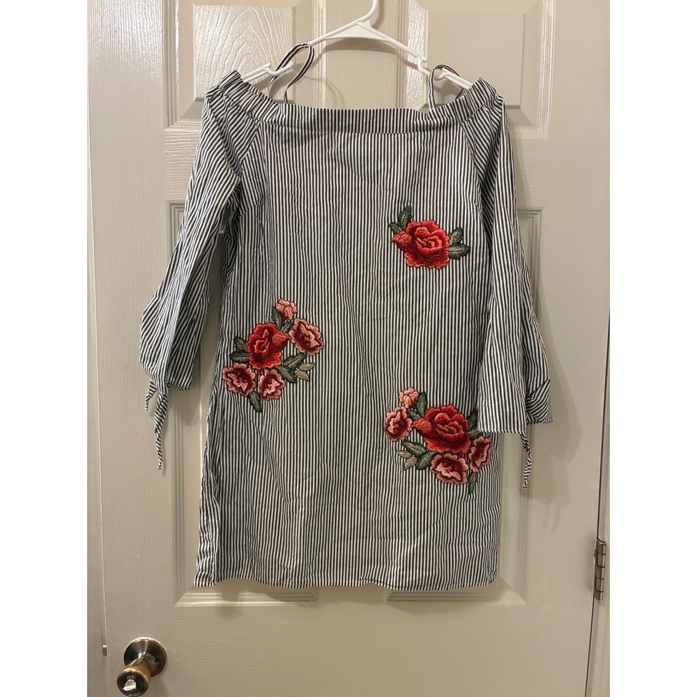 Blue White Striped Off The Shoulder Floral Embroidered Mini Dress with Tie Cuffs